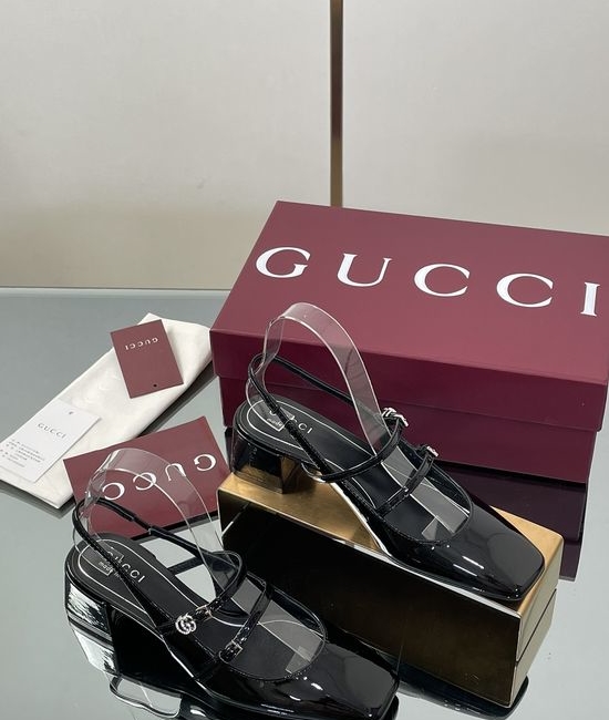 Gucci Rhinestone Buckle Slingback Chunky Heel Leather Mary Jane Shoes