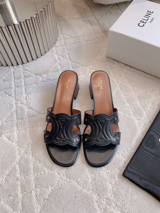 Celine Buckle Decor Chunky Heel Slides Classic Style Durable Outsole