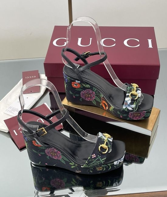Gucci Floral Print High Heel Platform Wedge Sandals