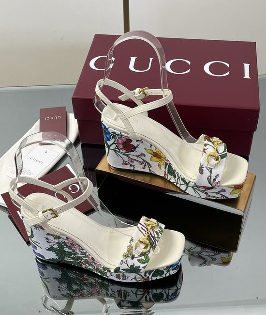 Gucci Floral Print High Heel Platform Wedge Sandals