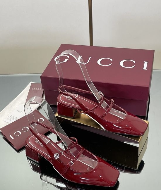 Gucci Rhinestone Buckle Slingback Chunky Heel Leather Mary Jane Shoes