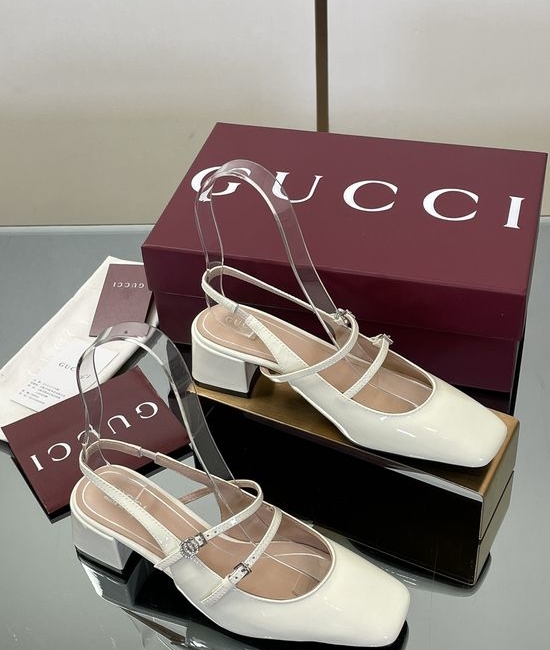 Gucci Rhinestone Buckle Slingback Chunky Heel Leather Mary Jane Shoes