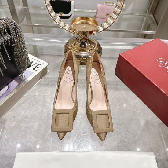Roger Viver Square Buckle High Heels Elegant Commute Leather Shoes