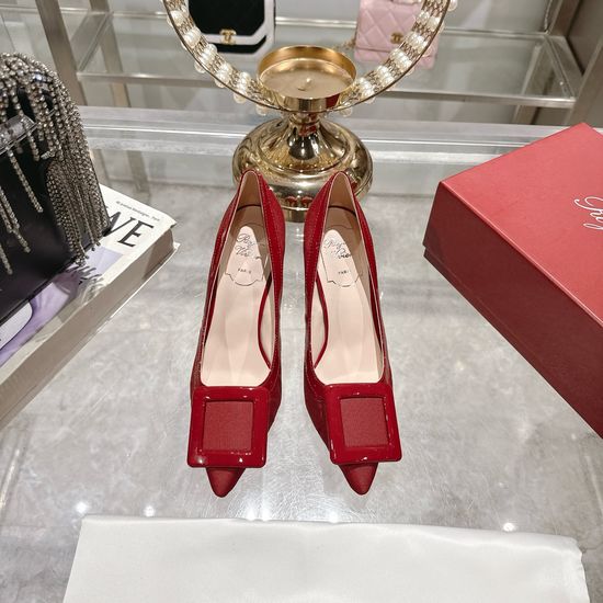 Roger Viver Square Buckle High Heels Elegant Commute Leather Shoes
