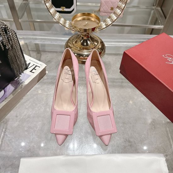 Roger Viver Square Buckle High Heels Elegant Commute Leather Shoes