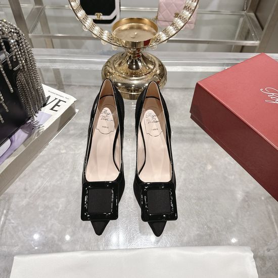 Roger Viver Square Buckle High Heels Elegant Commute Leather Shoes