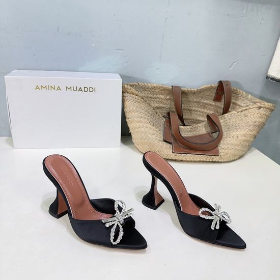 Ami Rhinestone Peep Toe Satin High Heel Slide Sandals