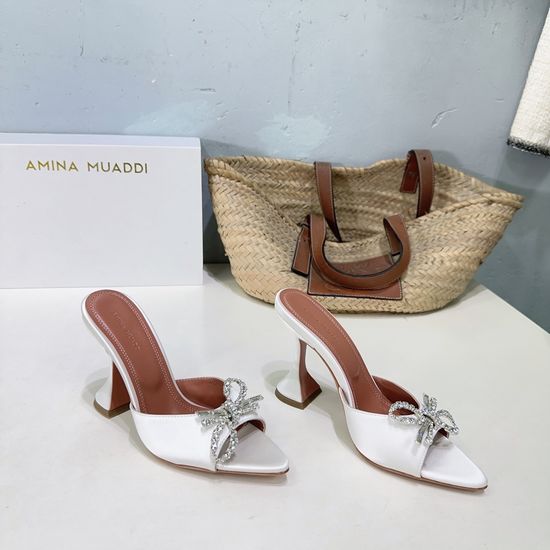 Ami Rhinestone Peep Toe Satin High Heel Slide Sandals