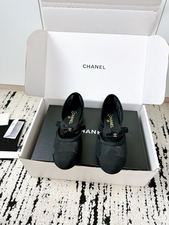 Chanel Bow Decor Mesh Silk Mary Jane Leather Shoes