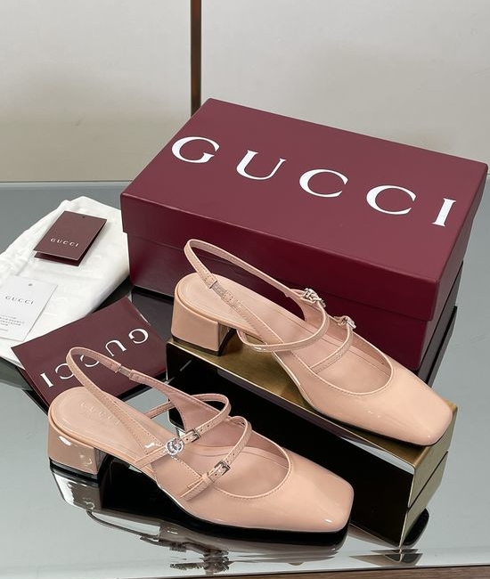 Gucci Rhinestone Buckle Slingback Chunky Heel Leather Mary Jane Shoes