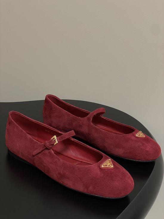 Prada Premium Suede Mary Jane Flats with Logo Detail