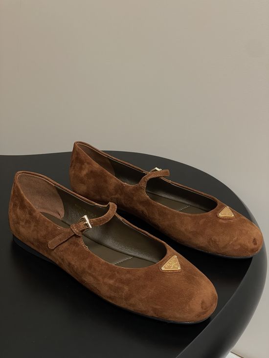 Prada Premium Suede Mary Jane Flats with Logo Detail
