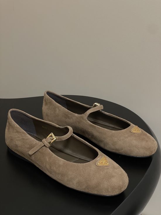 Prada Premium Suede Mary Jane Flats with Logo Detail