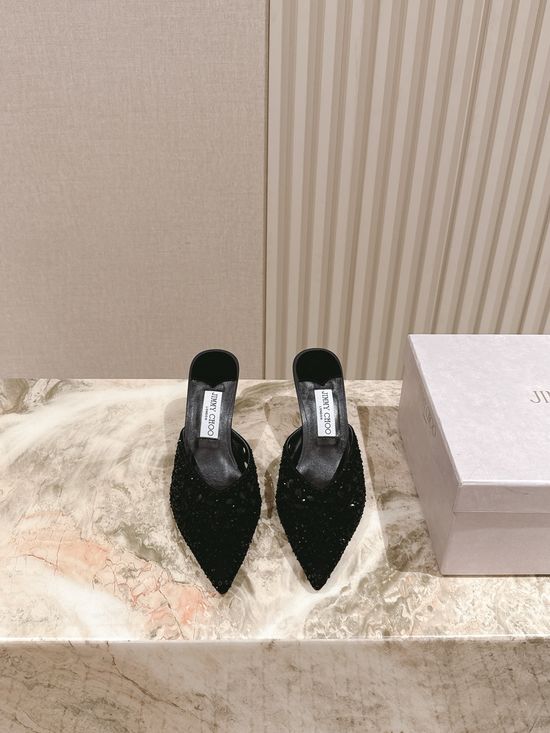 Jimmy Choo Rhinestone Mid Heel Slide Sandals Leather Sole