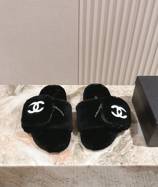 Chanel Rabbit Fur Lined Slide Sandals Thick Sole