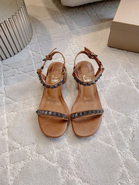 Christian Louboutine Genuine Leather Punk Style Rivet Decor Flat Sandals