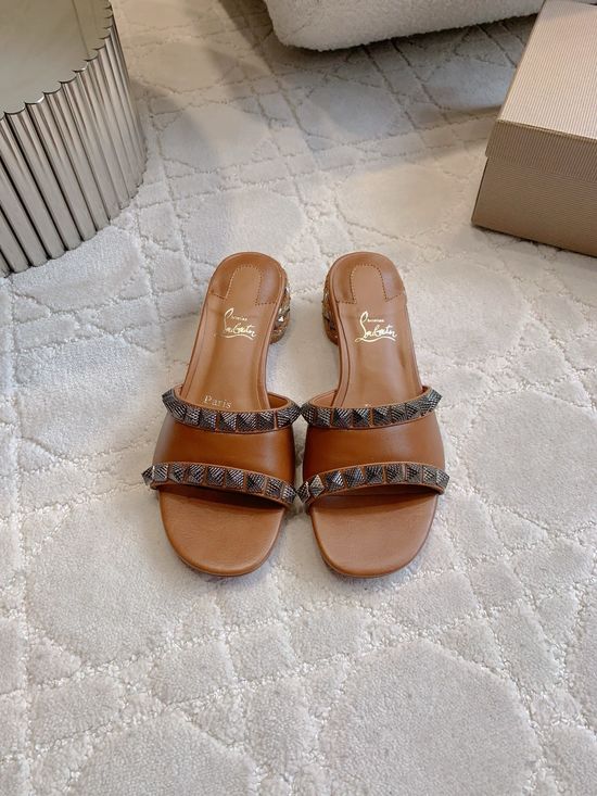 Christian Louboutine Genuine Leather Punk Style Rivet Decor Flat Sandals