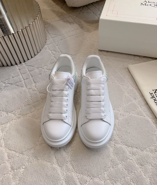 McQueen Rhinestone Tail Platform White Shoes Premium Leather Upper
