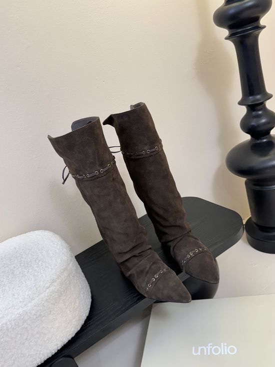Unfolio Soft Suede Slouch Boots with Lace Detail