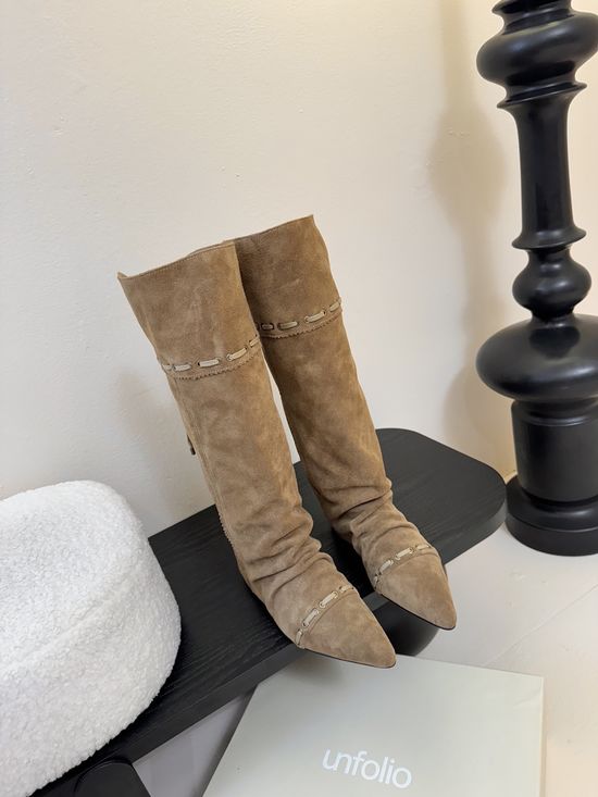 Unfolio Soft Suede Slouch Boots with Lace Detail