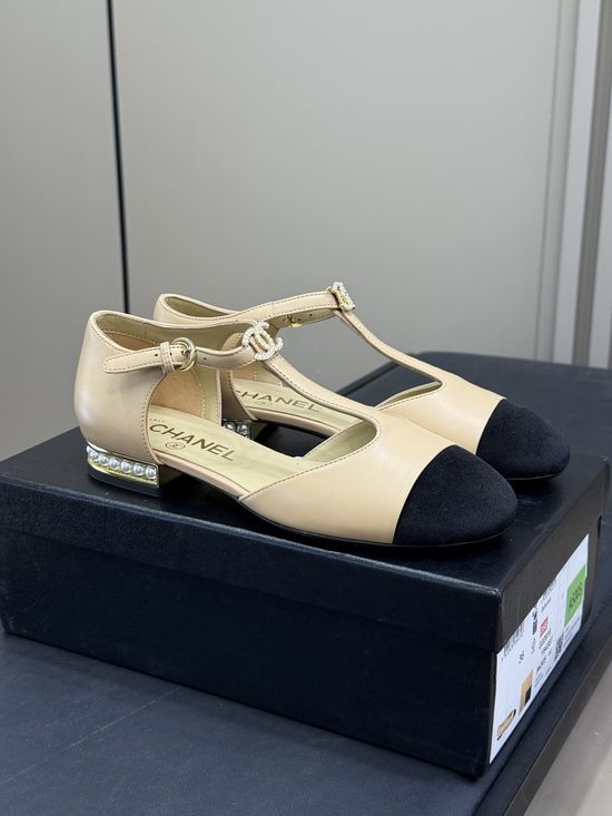 Chanel Mary Jane Shoes With Pearl Accent And Velvet Toe
