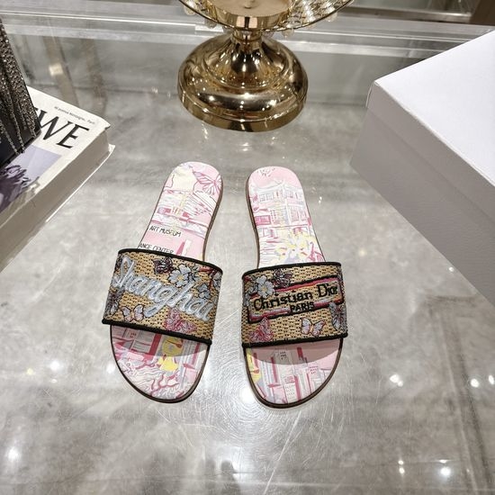 Christian Dior CD Embroidered Raffia Flat Slides with Double Leather Sole
