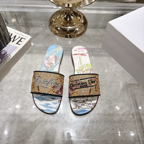 Christian Dior CD Embroidered Raffia Flat Slides with Double Leather Sole