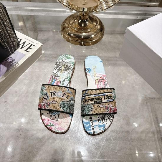 Christian Dior CD Embroidered Raffia Flat Slides with Double Leather Sole