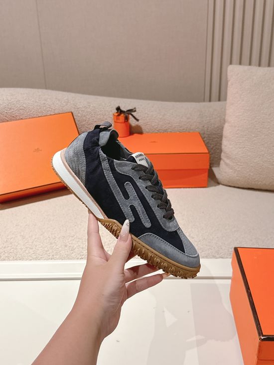 Hermes Luxury Suede Leather Casual Sneakers Contrast Details Soft Lining