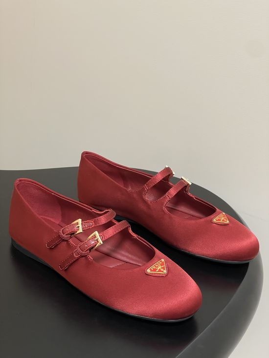 Prada Satin Mary Jane Flats with Enamel Logo Accents