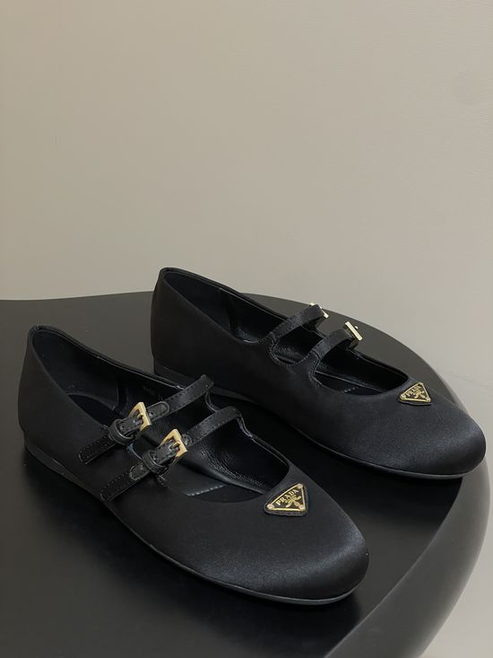 Prada Satin Mary Jane Flats with Enamel Logo Accents