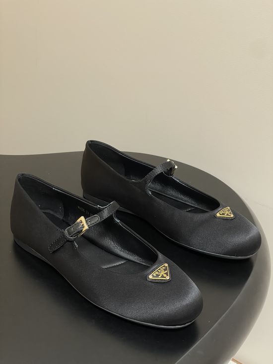 Prada Satin Mary Jane Flats with Enamel Logo Accents