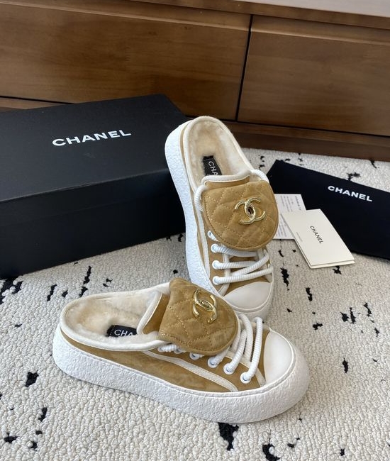 Chanel Warm Shearling Lined Buckle Slip On Slippers