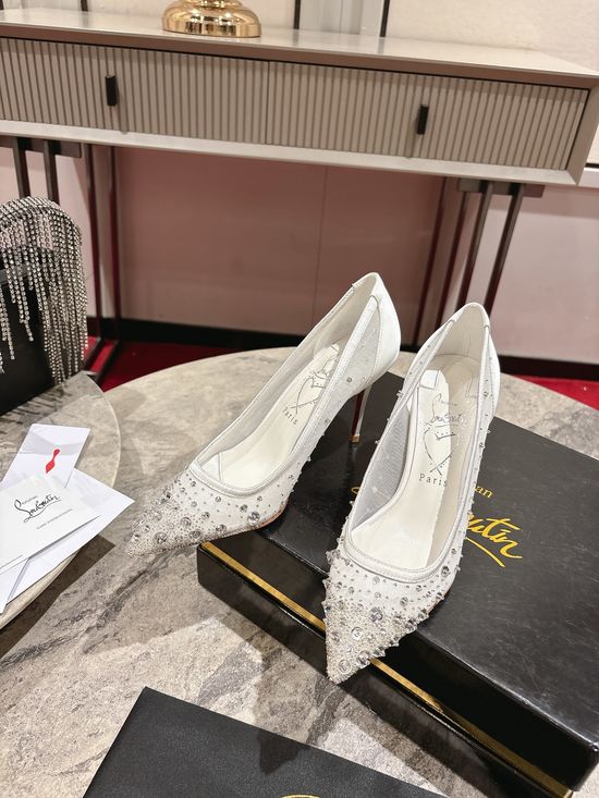 Christian Louboutine Crystal Embellished Pointed Toe Mesh Heels