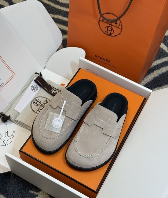 Hermes Suede Leather Mules With Classic Upper Details