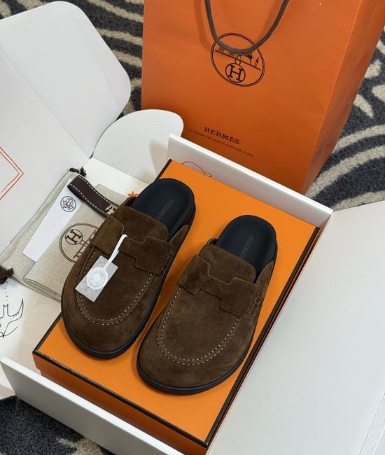 Hermes Suede Leather Mules With Classic Upper Details