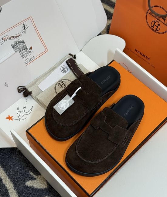 Hermes Suede Leather Mules With Classic Upper Details