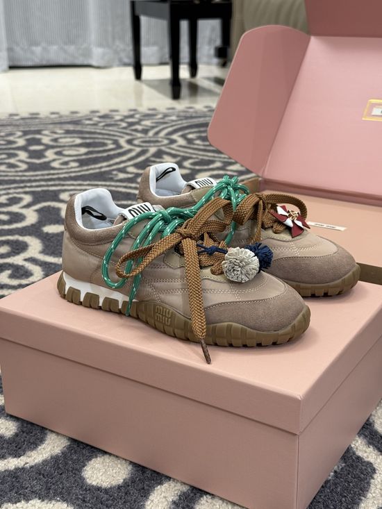 Miu Miu Pink Chunky Sneakers Suede Fabric Mixed Upper