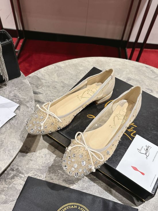 Christian Louboutine Crystal Mesh Bow Decor Rounded Toe Flats