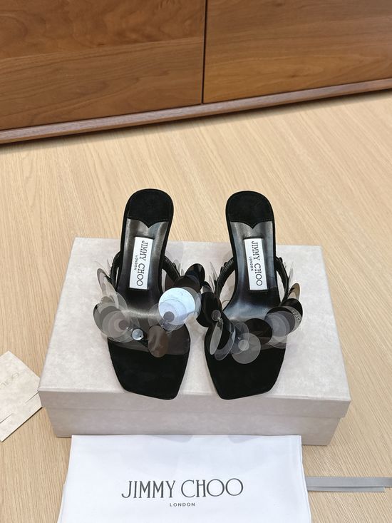 Jimmy Choo Sequin Square Toe Kitten Heel Sandals Elegant Vintage Style