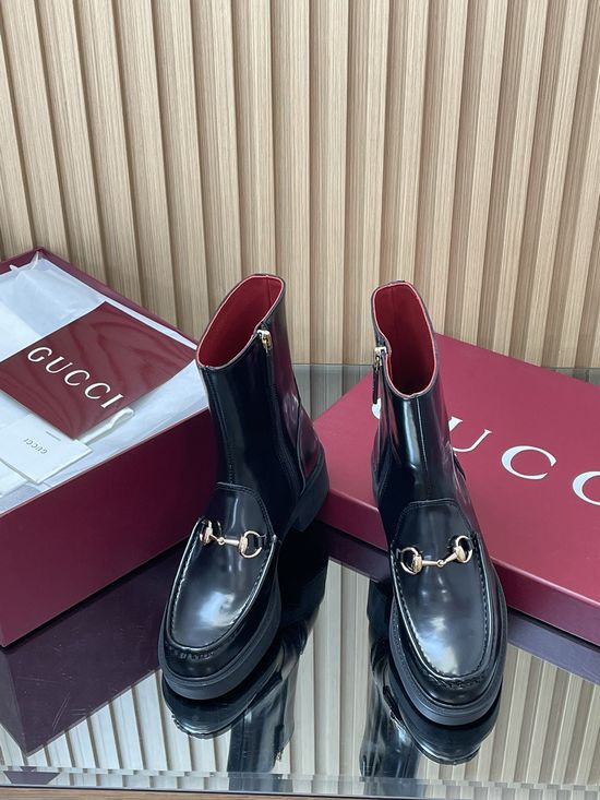 Gucci Horsebit Decor Ankle Boots With Bee Pattern Thick Sole