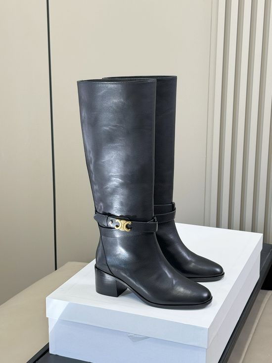 Celine Knee High Leather Boots Low Heel Comfortable