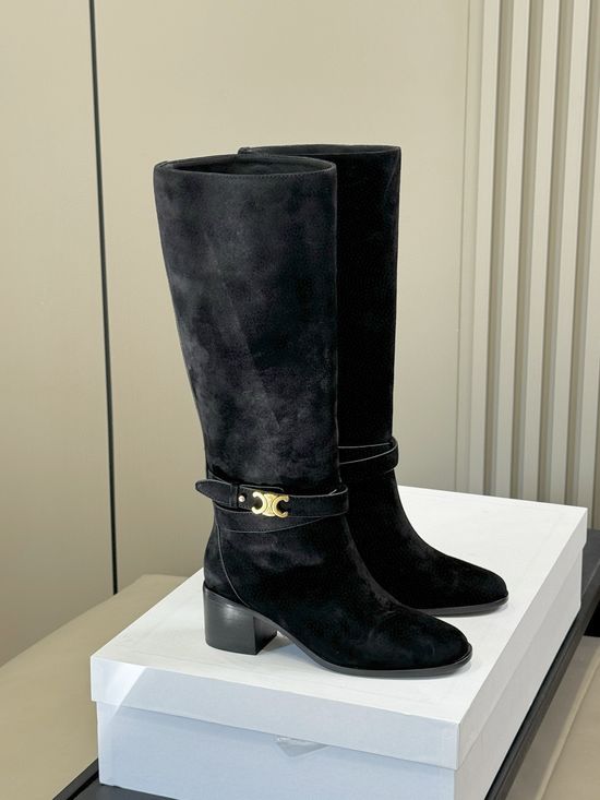 Celine Knee High Leather Boots Low Heel Comfortable