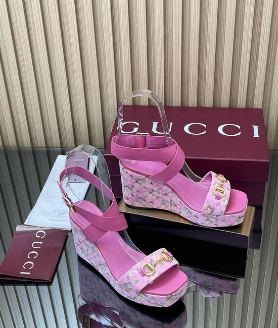 Gucci Floral Print Square Toe Platform Wedge Sandals