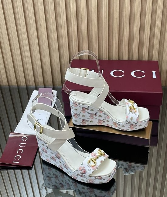 Gucci Floral Print Square Toe Platform Wedge Sandals