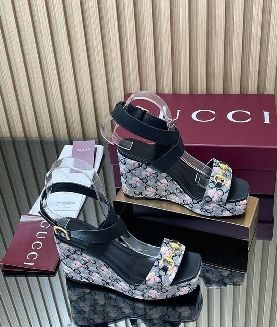 Gucci Floral Print Square Toe Platform Wedge Sandals