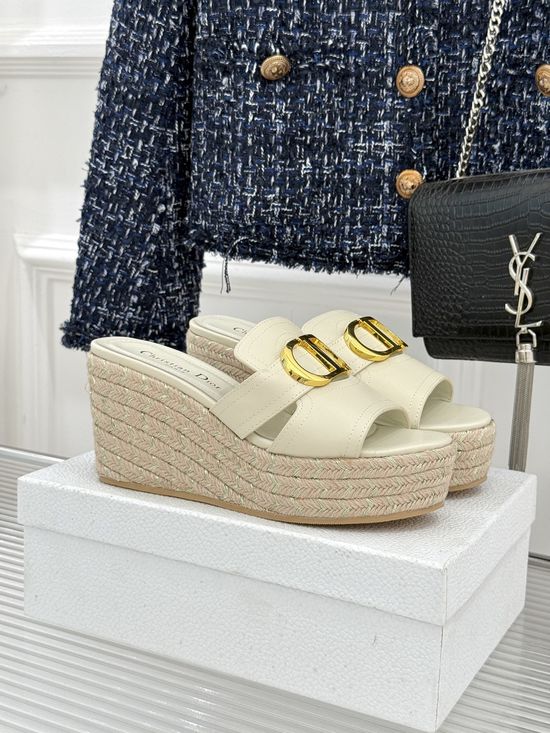 Christian Dior Buckle Decor Espadrille Wedge Slides Comfortable Non-slip