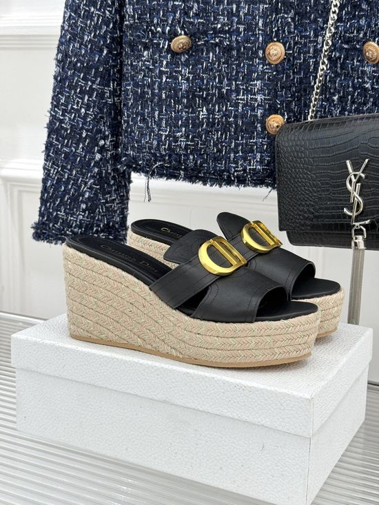 Christian Dior Buckle Decor Espadrille Wedge Slides Comfortable Non-slip