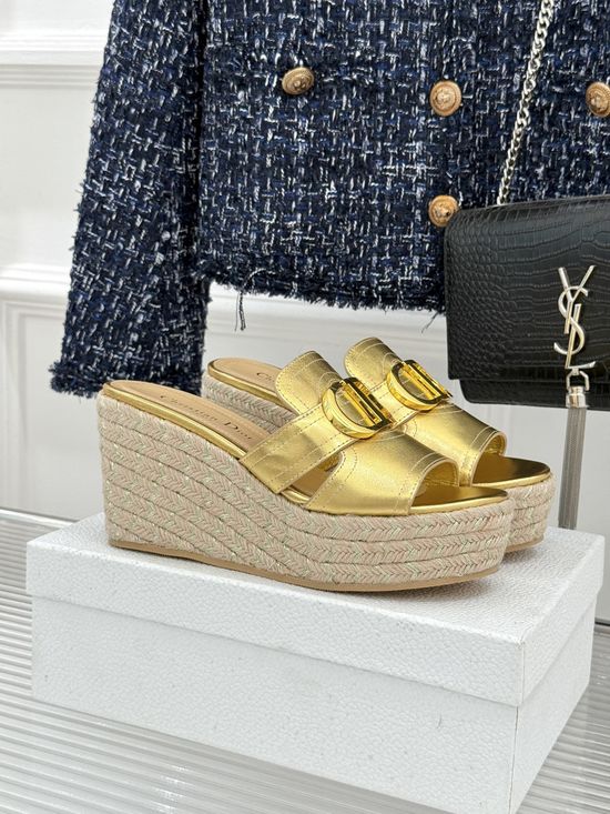 Christian Dior Buckle Decor Espadrille Wedge Slides Comfortable Non-slip