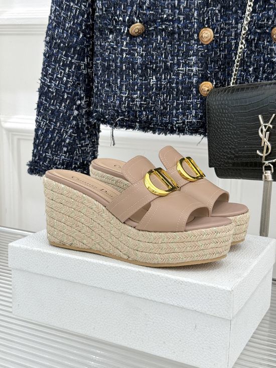 Christian Dior Buckle Decor Espadrille Wedge Slides Comfortable Non-slip